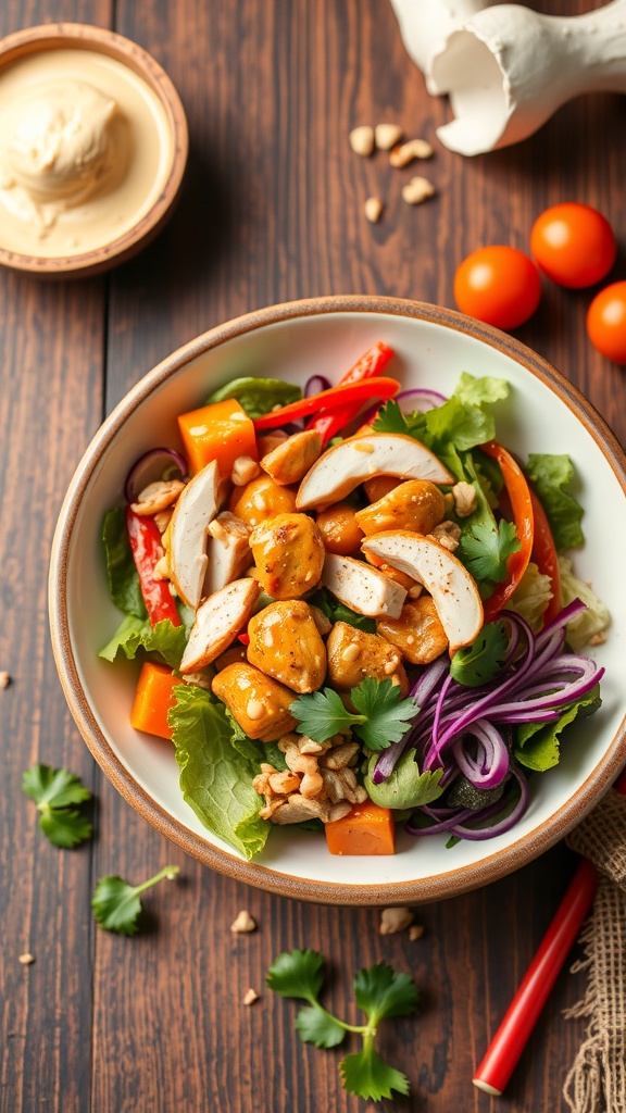 A colorful Thai peanut chicken salad with mixed greens, diced chicken, red peppers, and peanuts in a bowl.