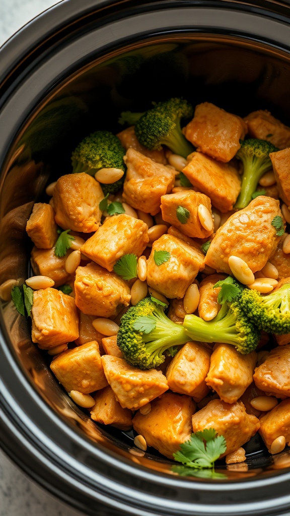 A slow cooker filled with Thai peanut chicken and broccoli, garnished with pine nuts and cilantro.