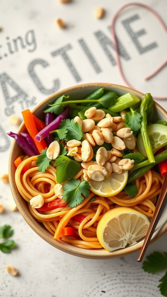 A colorful bowl of Thai peanut noodles with fresh vegetables and peanuts.