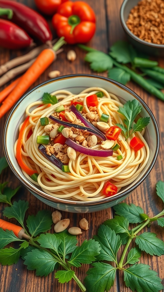 A bowl of Thai Peanut Noodle Salad with colorful vegetables and peanuts, surrounded by fresh ingredients.