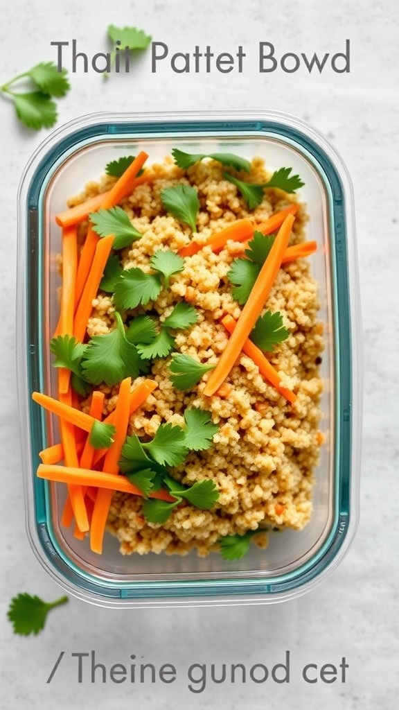 A colorful Thai Peanut Quinoa Bowl with quinoa, shredded carrots, and cilantro in a meal prep container.