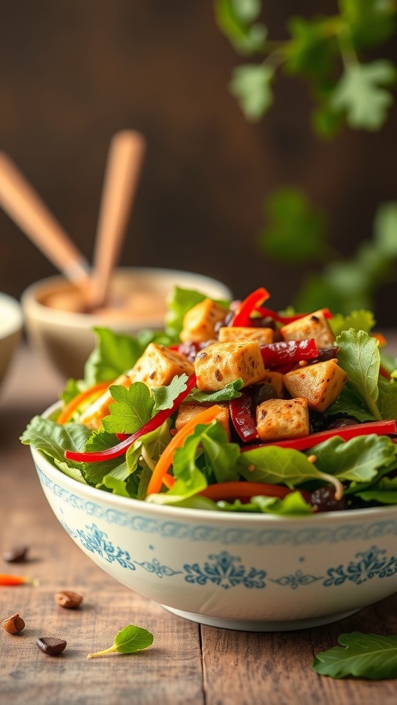 A colorful Thai Peanut Tofu Salad with fresh greens, tofu, and vibrant vegetables.