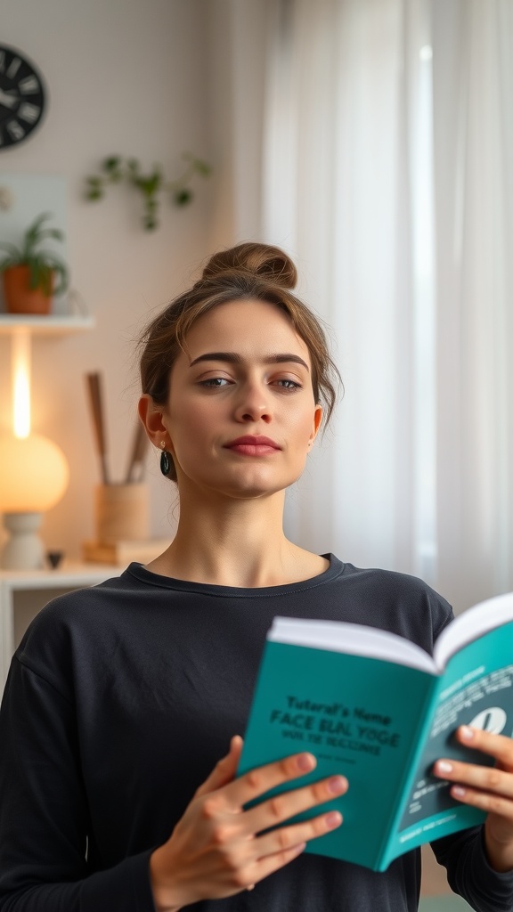 A woman reading a face yoga book in a cozy room with plants and soft lighting.