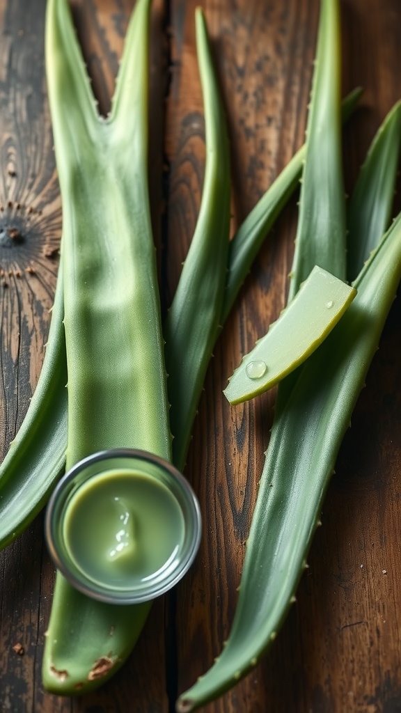 Fresh aloe vera leaves and a small jar of aloe gel on a wooden surface