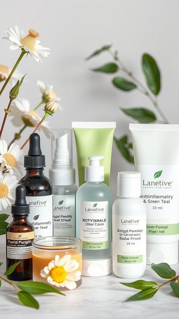 A collection of skincare products with anti-inflammatory properties, including a variety of bottles and jars surrounded by flowers.