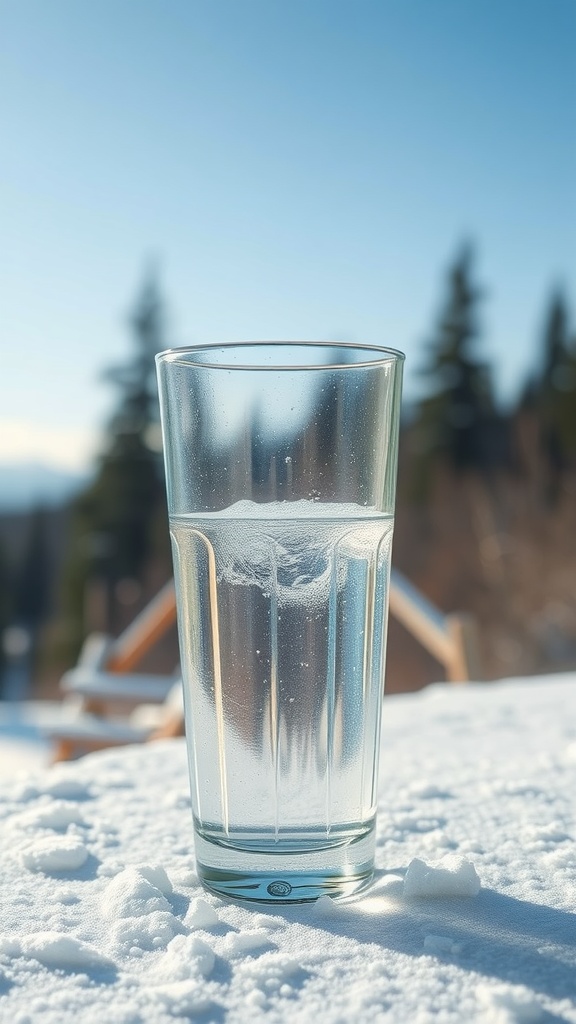 A clear glass of water on a snowy surface with trees in the background