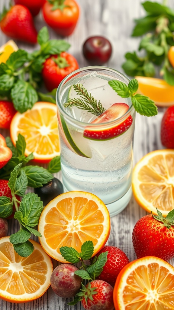 A refreshing drink with mint and fruit slices, surrounded by fresh fruits, symbolizing hydration for skin health.
