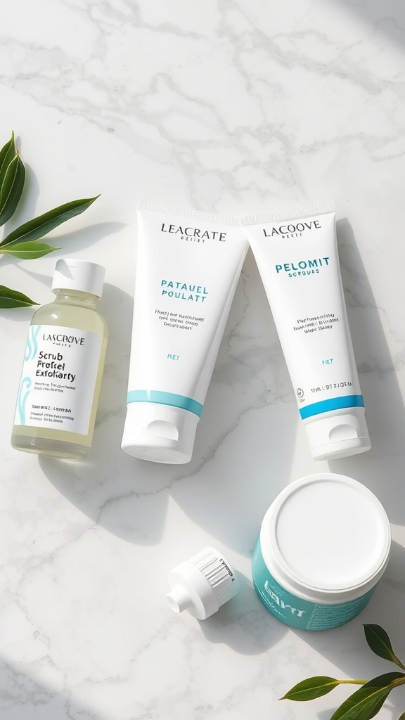 Various skincare exfoliation products on a marble surface, including scrubs and exfoliants.