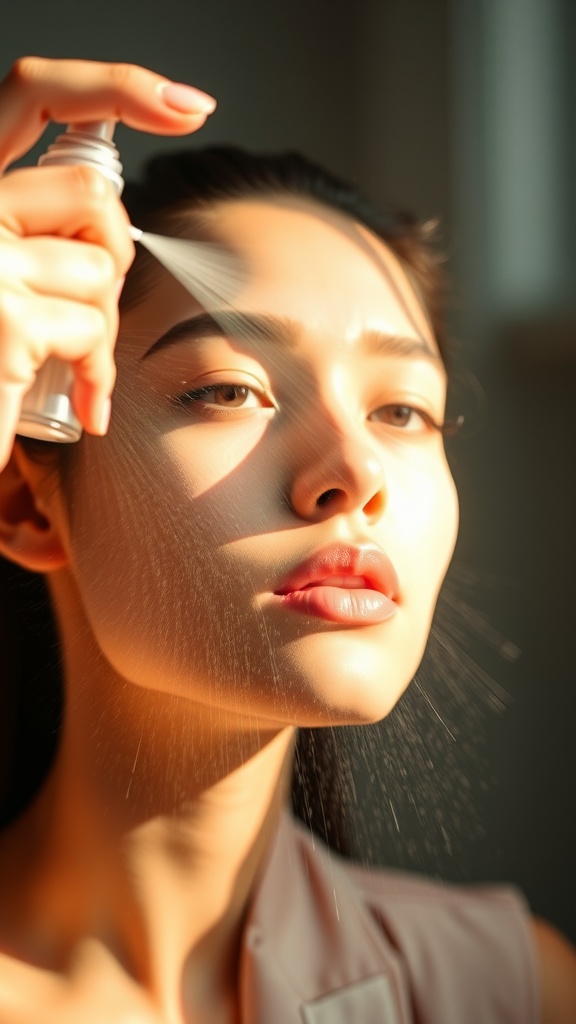 A person applying facial mist to their face for hydration