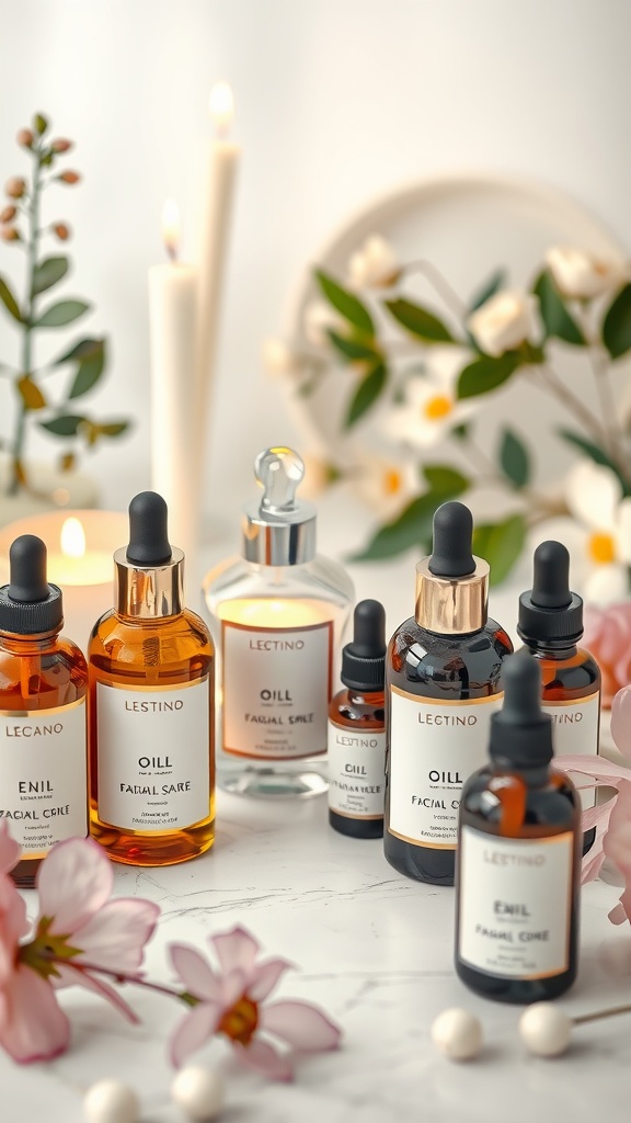 A collection of various facial oils displayed among flowers and candles, suggesting a relaxing nighttime skincare routine.
