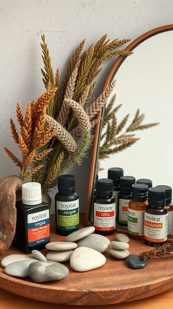 A collection of essential oils displayed on a wooden tray with smooth stones and dried flowers.