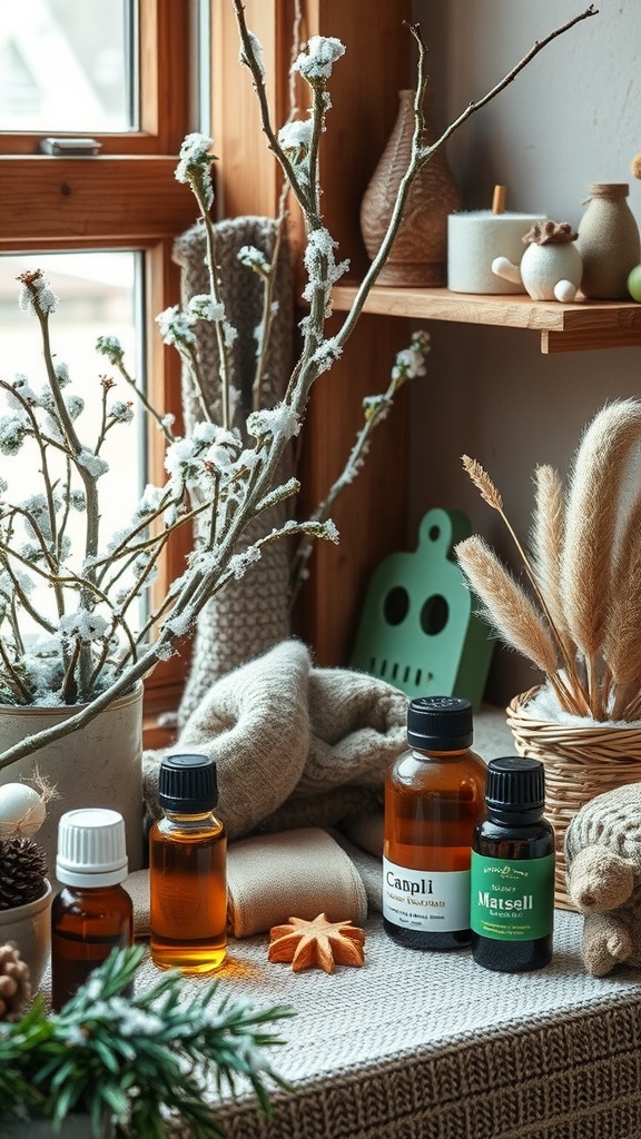 A collection of natural oils arranged on a cozy surface with soft fabrics and natural decor.