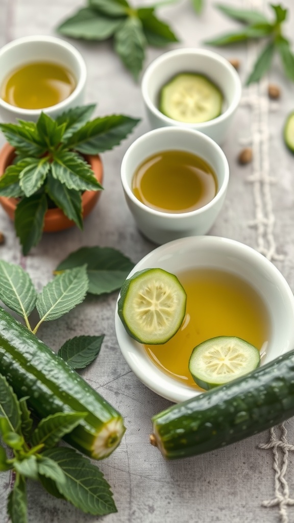 An assortment of natural skincare ingredients including cucumber slices and various oils, reflecting the benefits of natural remedies for calming skin redness.