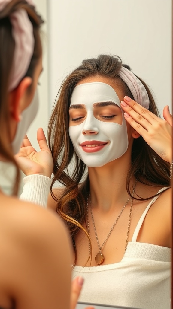 A woman applies a hydrating overnight mask in front of a mirror, looking relaxed and happy.