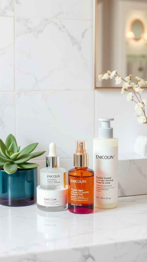 A collection of skincare products featuring peptides on a bathroom countertop