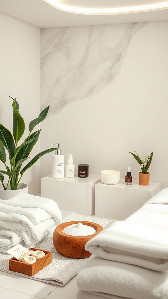 A serene spa environment with skincare products, towels, and plants
