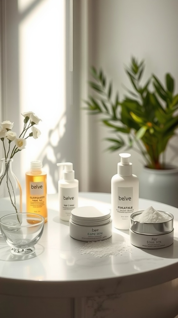 A bright skincare setup featuring various products including oils and creams, set on a table with plants and flowers.