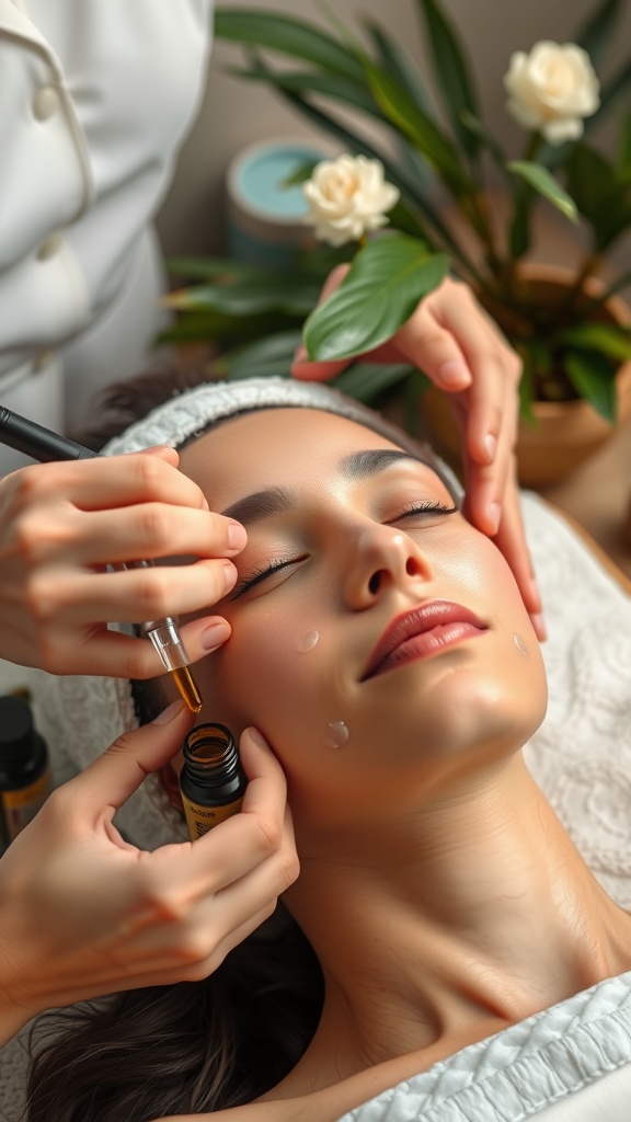 A woman receiving a facial treatment with oils being applied.