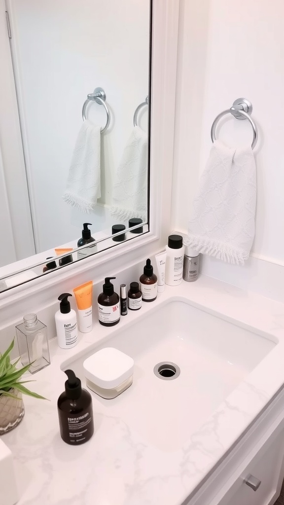 A bright bathroom countertop with various skincare products neatly arranged next to a sink.