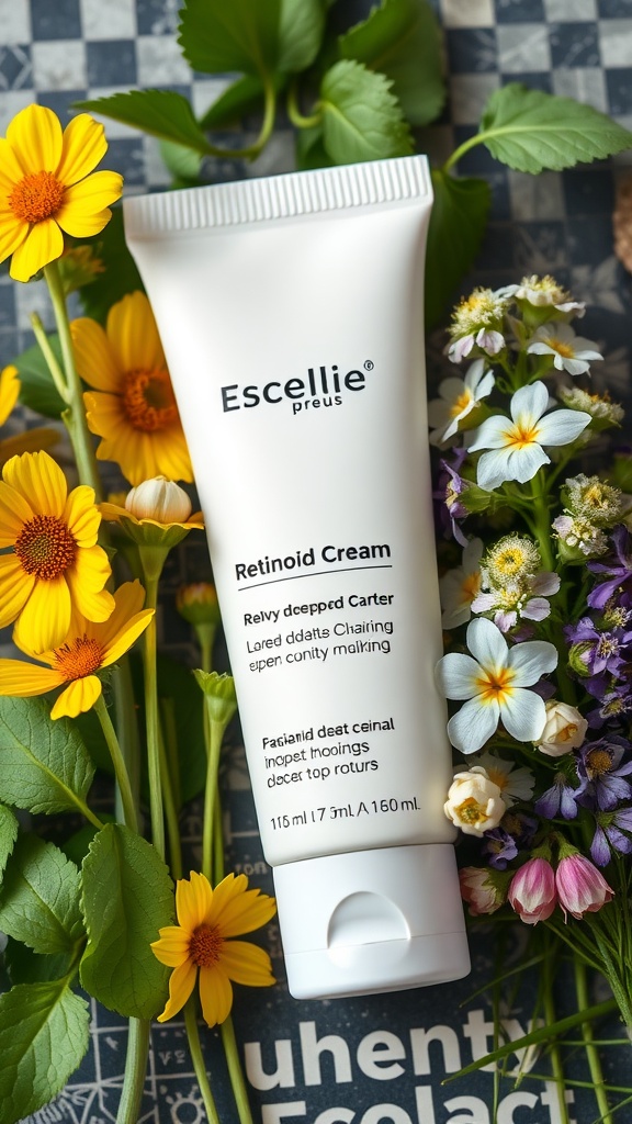 A tube of retinoid cream surrounded by colorful flowers, symbolizing skincare and beauty.