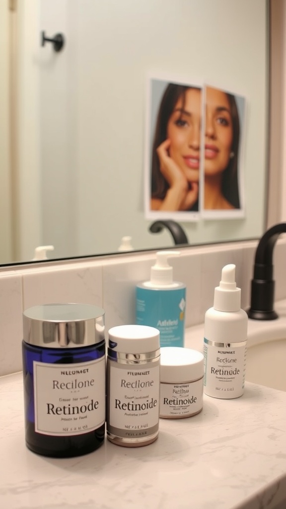 A selection of retinoid skincare products on a bathroom counter next to photos of clear skin