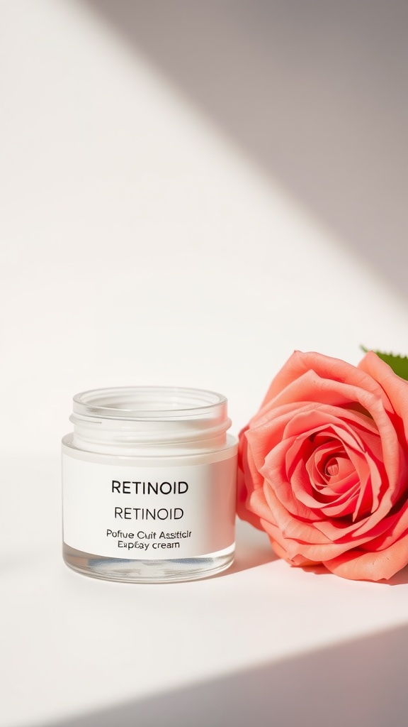 A jar of retinoid cream beside a pink rose on a white background.