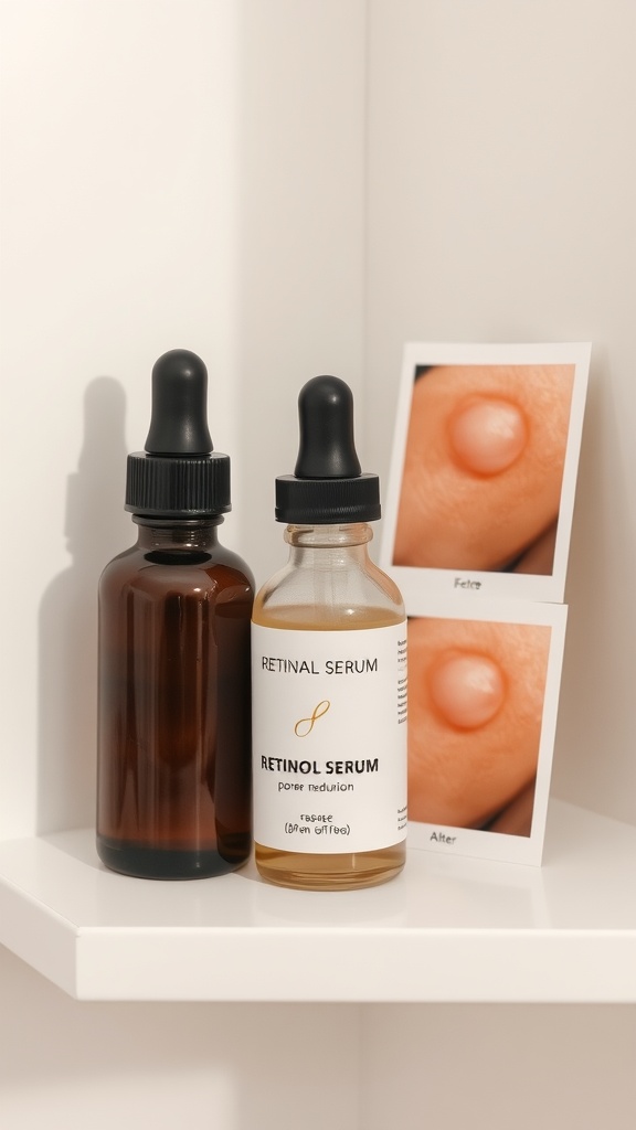 Two bottles of retinol serum for pore minimization with before-and-after photos