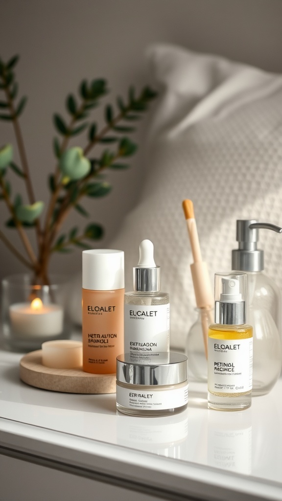 A collection of skincare products including a retinol serum, displayed on a clean surface with decorative elements.