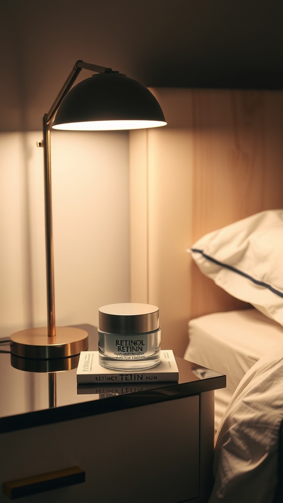 A luxurious jar of retinol cream on a nightstand next to a lamp and a book.