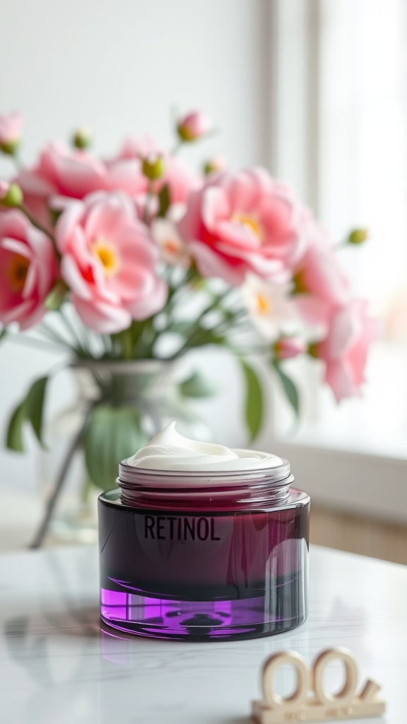 A jar of retinol cream with a creamy texture and pink flowers in the background.
