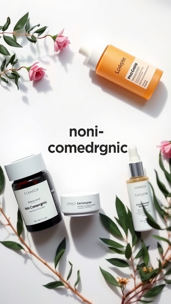 Non-comedogenic skincare products arranged with flowers