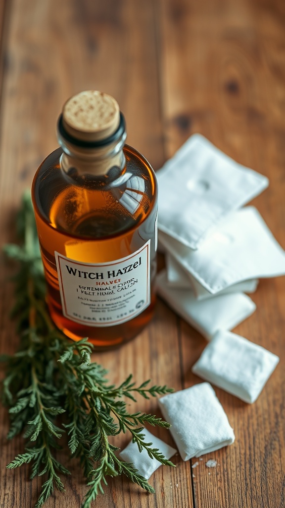 A bottle of witch hazel with cotton pads and fresh leaves on a wooden surface.