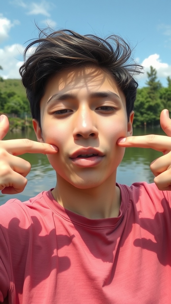 A young person making a fish face by sucking in their cheeks and pouting their lips, demonstrating the Fish Face Pose for cheek muscles.
