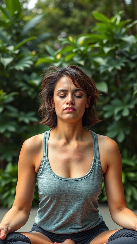 A woman practicing yoga in a natural setting, demonstrating the Fish Face technique for jawline definition.