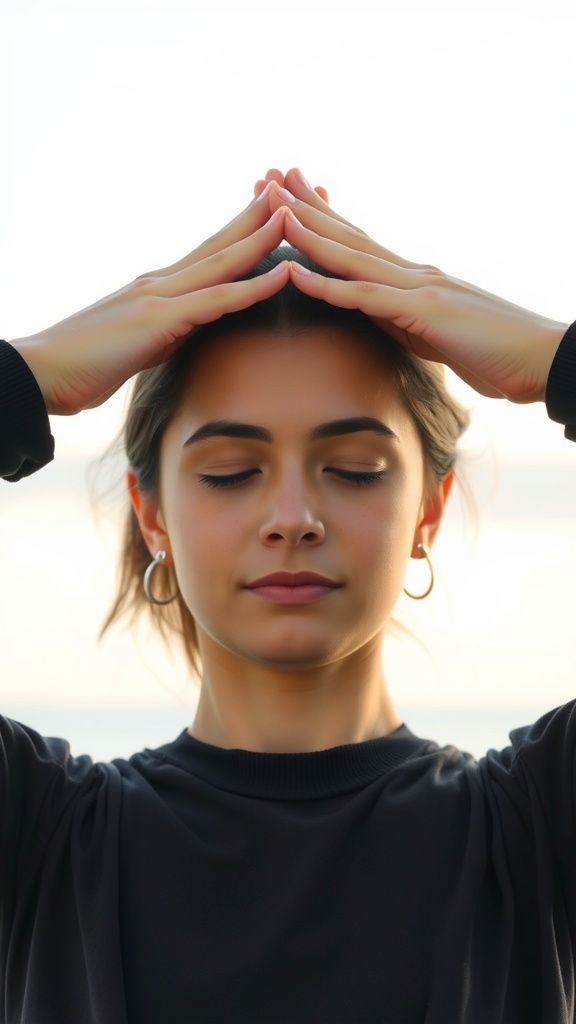 A woman performing the Forehead Smoother face yoga move with her hands placed gently on her forehead.