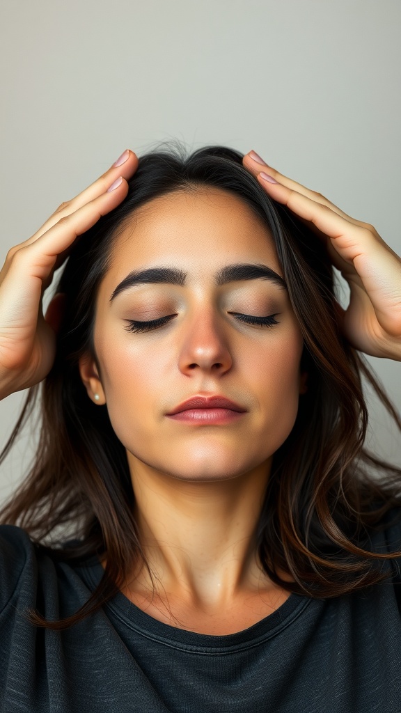 A woman performing the Forehead Smoother face yoga exercise, pressing her hands gently against her forehead with closed eyes.