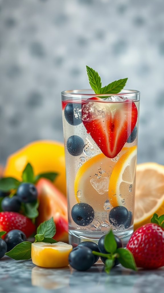 A glass of fruit-infused water with lemon, strawberries, and blueberries, surrounded by fresh fruits on a marble countertop.