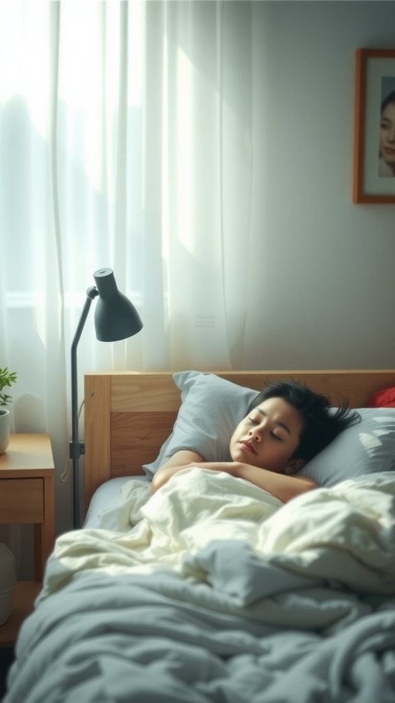 A person sleeping peacefully in a cozy bed with soft lighting.