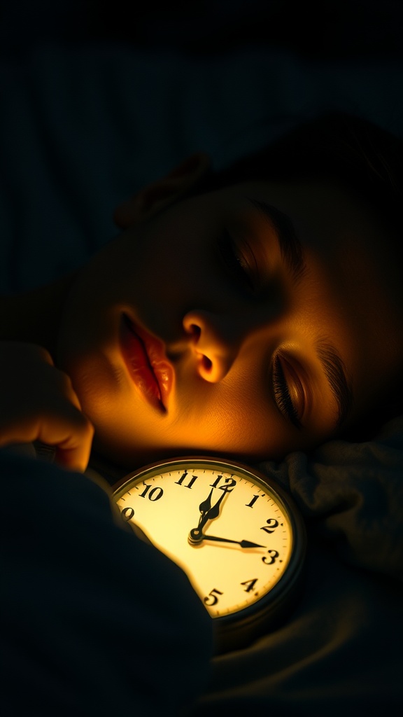 A person peacefully sleeping next to a glowing clock, representing the connection between sleep and skin hydration.