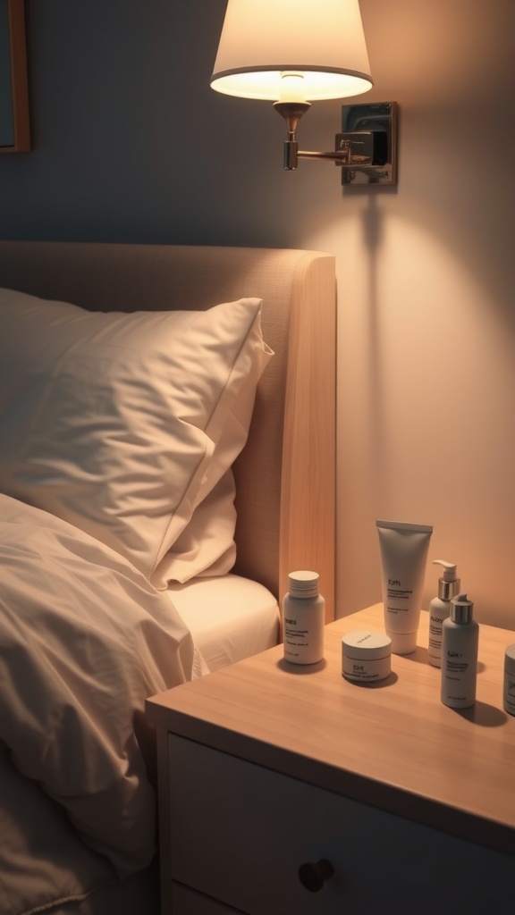 A cozy bedroom setup with a neatly made bed, soft lighting, and skincare products on the nightstand.