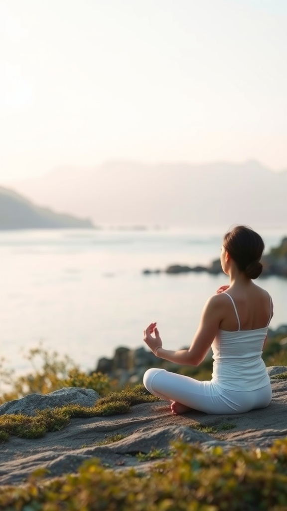 A person meditating by the water, promoting relaxation and stress relief.