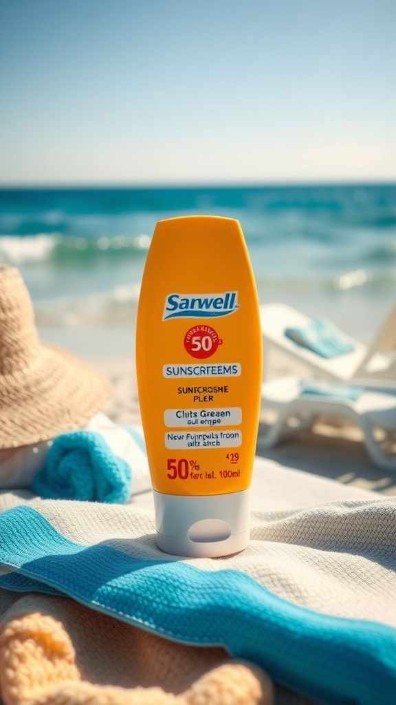 Bottle of sunscreen on a beach towel with a beach in the background