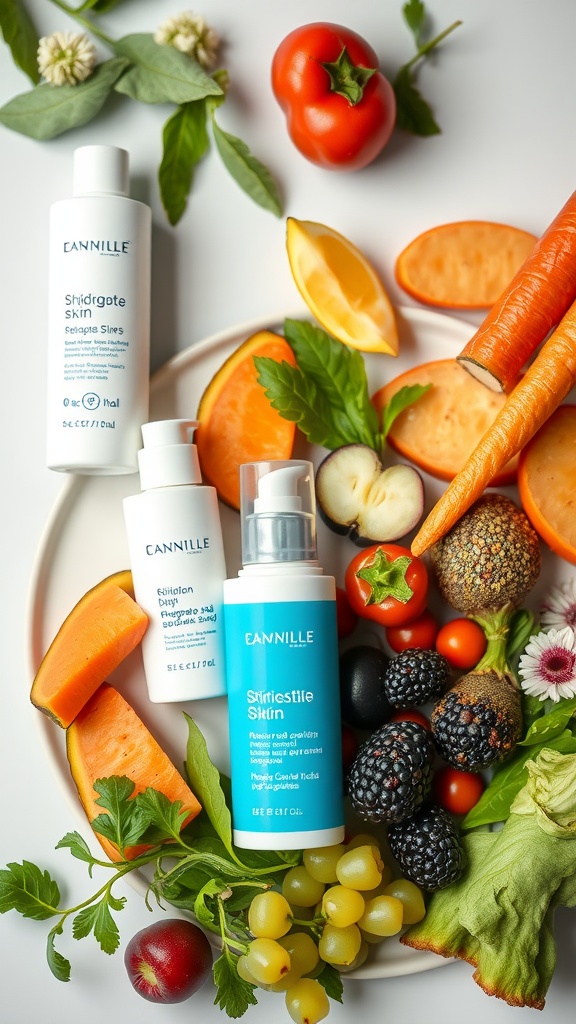 A selection of colorful fruits and vegetables accompanied by skincare products.