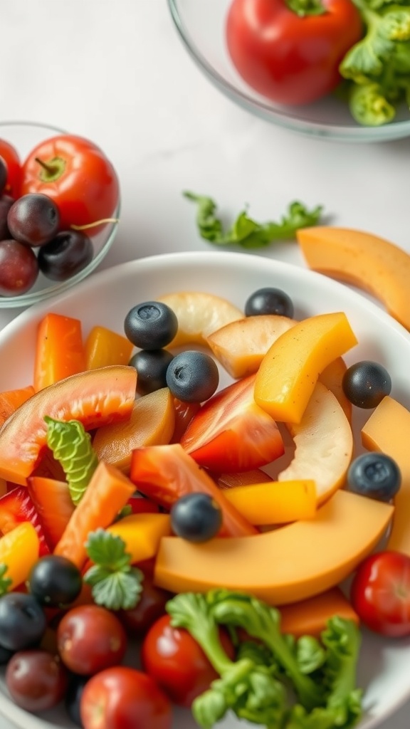 A colorful assortment of fresh fruits and vegetables on a plate, including tomatoes, berries, and melons, showcasing a healthy diet.