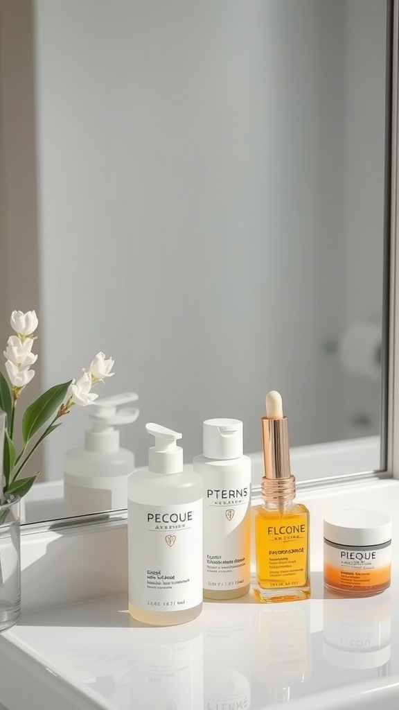 A skincare setup featuring a gentle cleanser, a serum, and a moisturizer arranged by a mirror with a small plant.