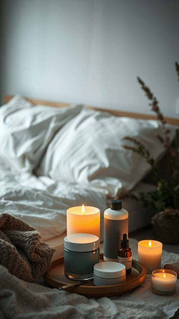 Cozy nighttime skincare setup with candles and products on a tray.