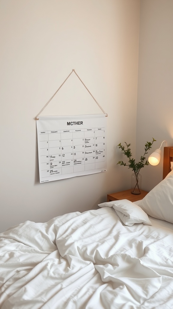 A cozy bedroom with a calendar hanging on the wall, symbolizing the importance of a consistent skincare routine.