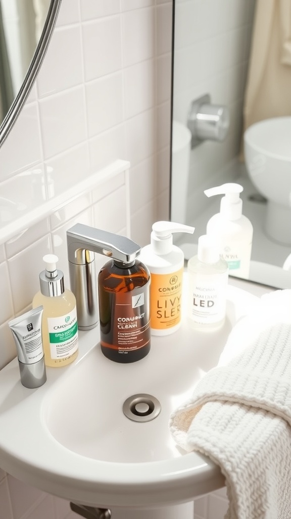 A bathroom sink with various skincare cleansers displayed, highlighting the importance of a daily cleansing routine.