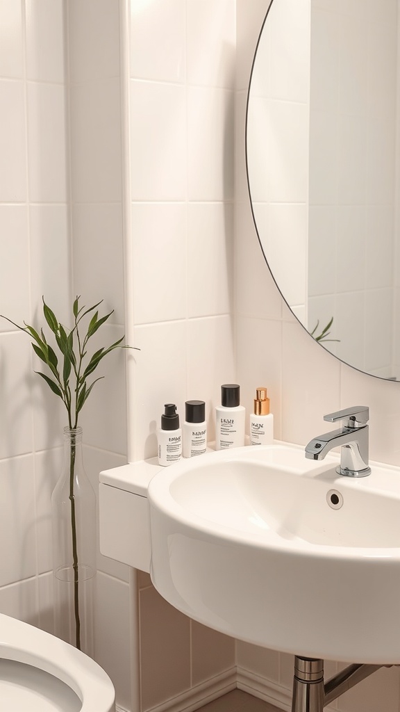 A clean bathroom sink with various skincare products arranged neatly