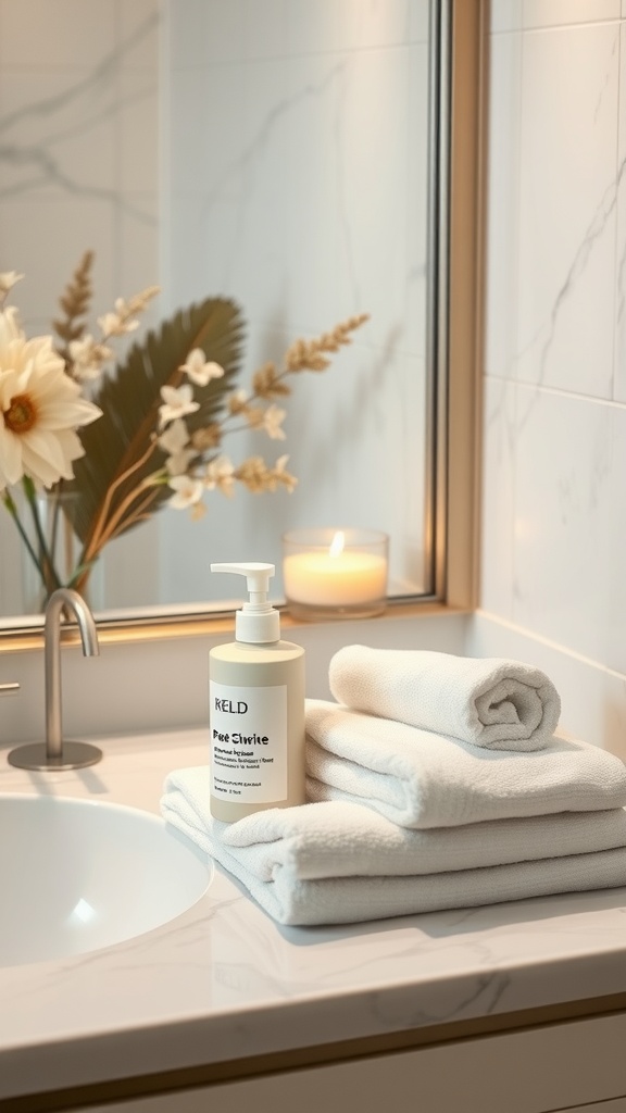 A gentle cleanser, stacked white towels, and a candle in a serene bathroom setting.